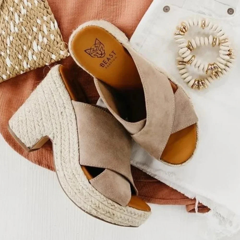 Beast Espadrille Platform Crisscross Strap Slip On Wedge Heel Jute Suede New